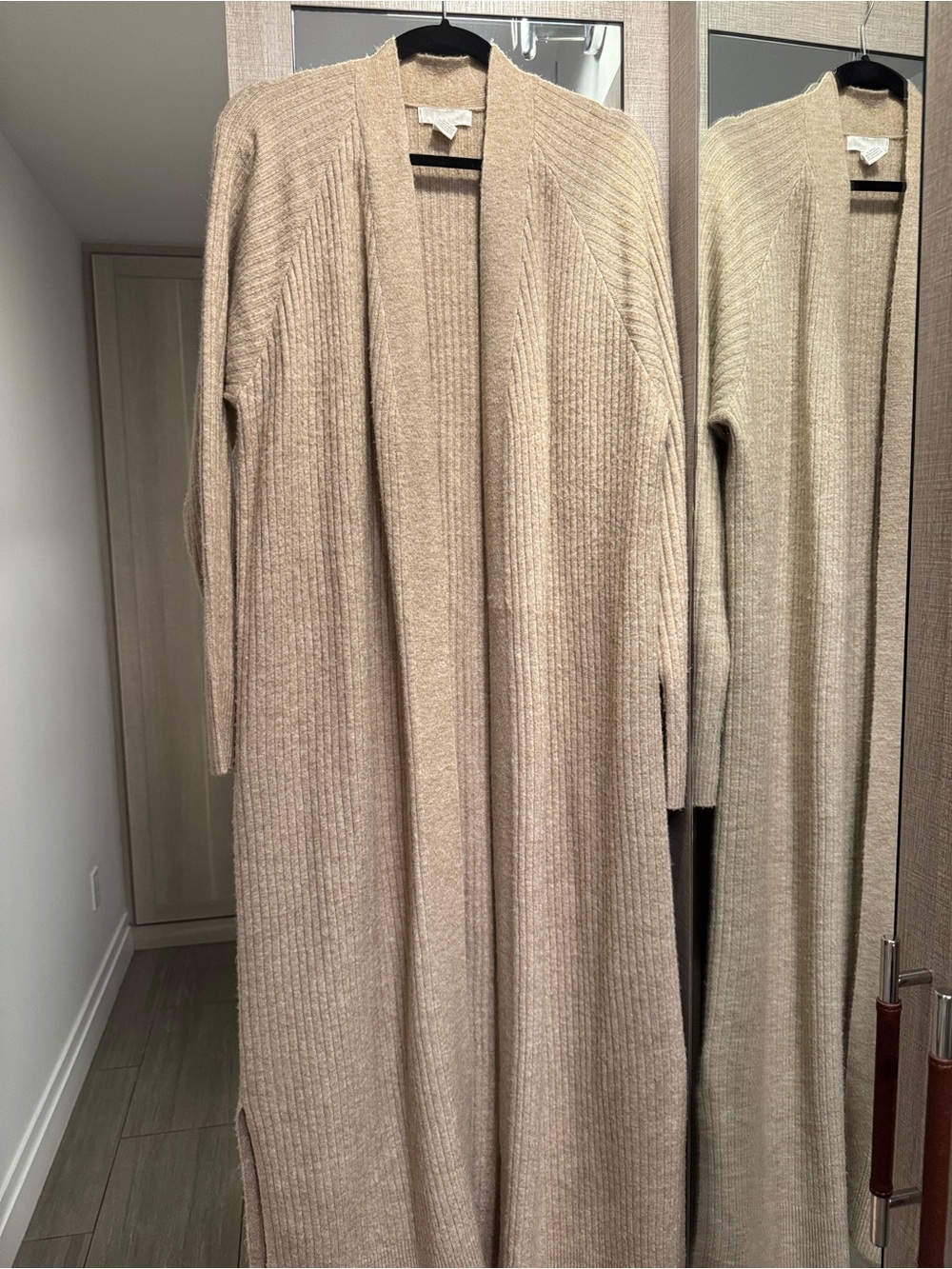 H&M Long Ribbed Knit Open-Front Cardigan  - Camel